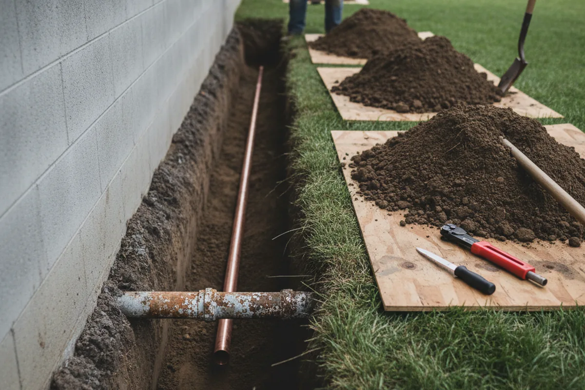 Excavated water line trench during Sewer Line Repair in Lavalette